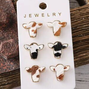 Three Pair Stud Earring Set - Western Style Cow print - NEW